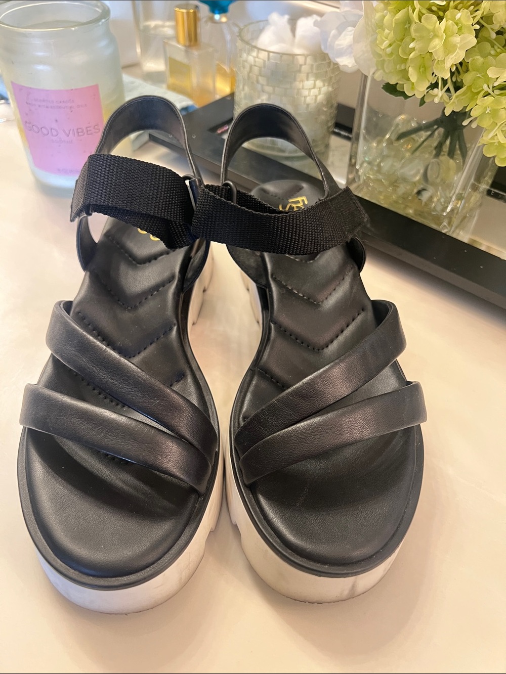 Franco Sarto Black Leather Platform Sandals with White Sole